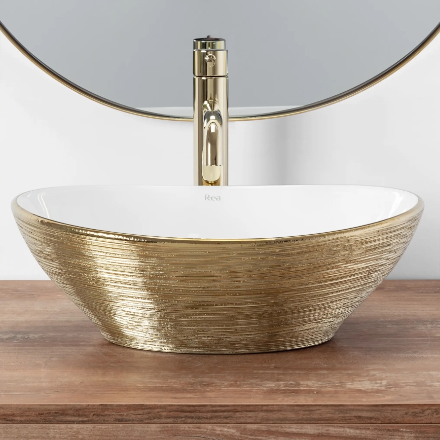 REA-U3697 - Pultni umivalnik SOFIA 34,5x41 cm keramika/bela/brušeno zlato