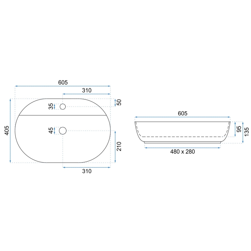 REA-U7900 - Umivalnik za pult AURA 40,5x60,5 cm keramika/visoko sijajna bela