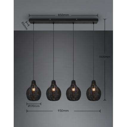 Reality - Lestenec na kablu SPROUT 4xE14/30W/230V črna/ratan