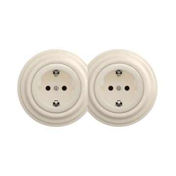 Reblig - Dvojna retro stenska vtičnica s okvirjem SCHUKO 230V bež