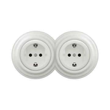 Reblig -Dvojna retro stenska vtičnica z okvirjem SCHUKO 230V keramična bela