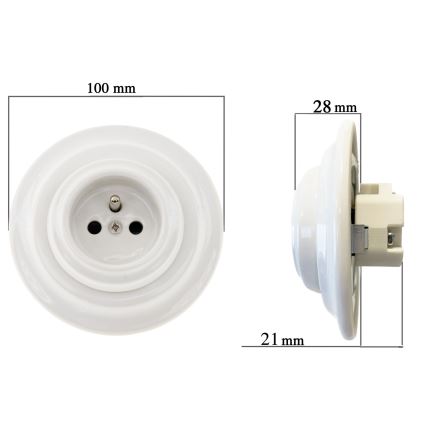 Reblig - Porcelanasta retro stenska vtičnica z okvirjem 250V/16A bela