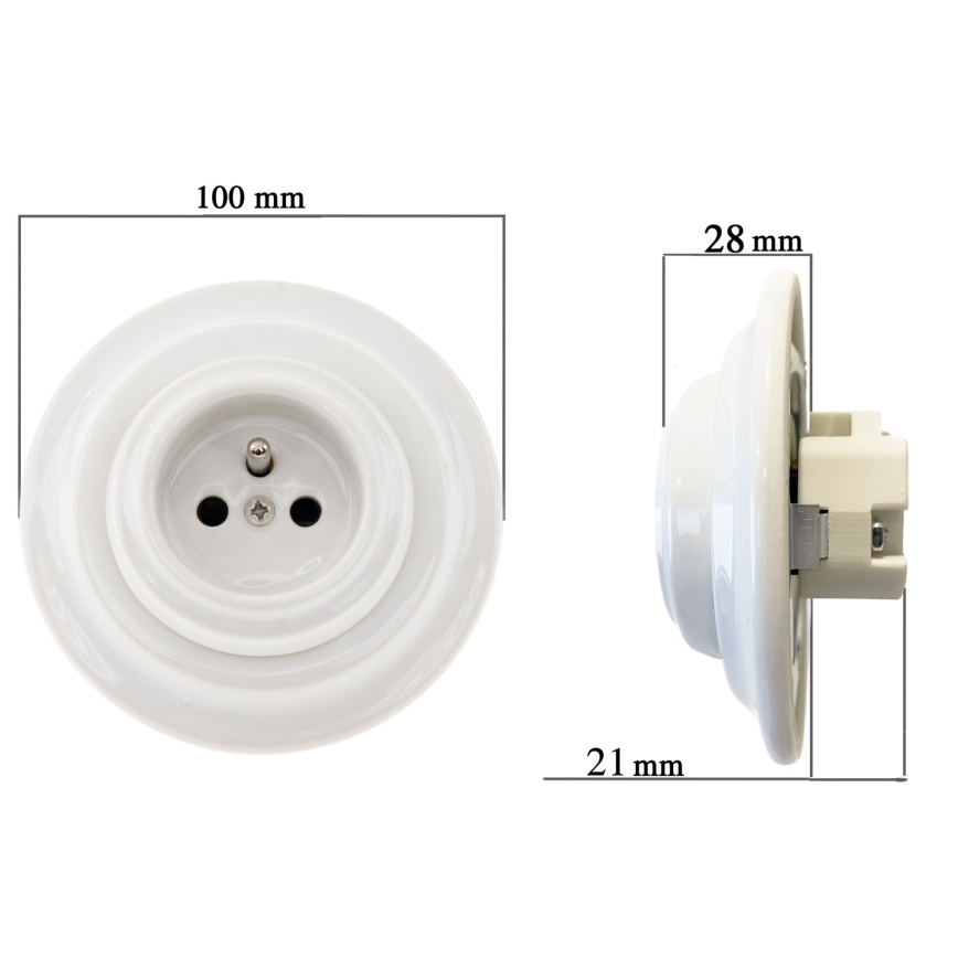 Reblig - Porcelanasta retro stenska vtičnica z okvirjem 250V/16A bela