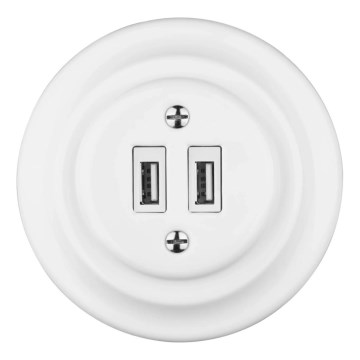 Reblig - Porcelanasta retro USB napajalna vtičnica z okvirjem, 2x USB-A, bela
