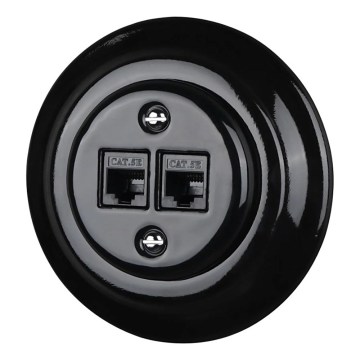 Reblig - porcelanska retro ethernet vtičnica z okvirjem, 2× CAT5e, črna