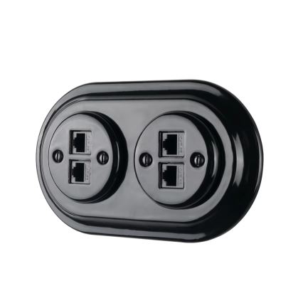 Reblig - porcelanska retro ethernet vtičnica z okvirjem, 2× CAT5e, črna