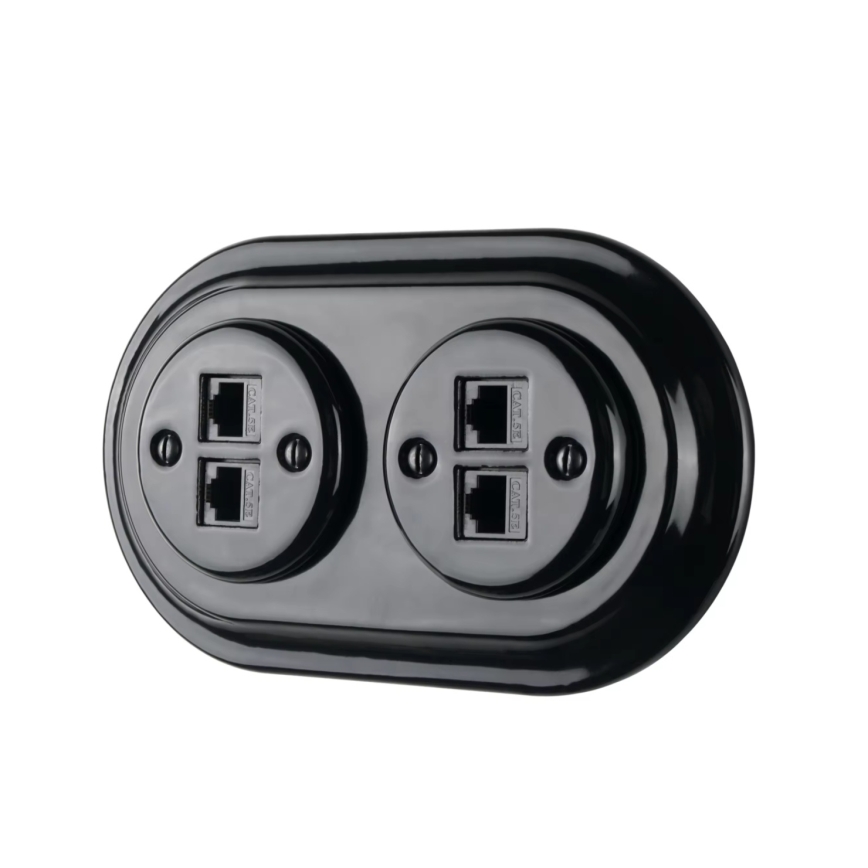 Reblig - porcelanska retro ethernet vtičnica z okvirjem, 2× CAT5e, črna
