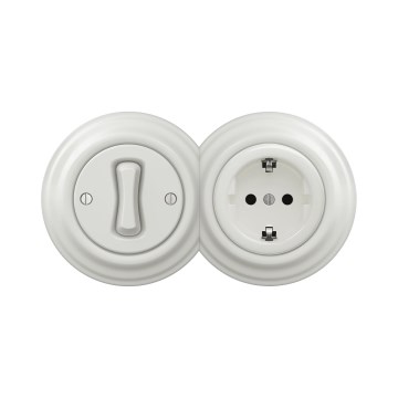 Reblig - Retro enopolno stikalo št. 1 in vtičnica SCHUKO 230 V s keramičnim okvirjem, bela