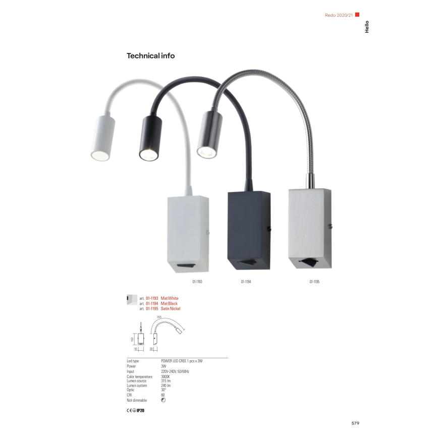 Redo 01-1195 - LED Fleksibilna mala svetilka HELLO LED/3W/230V mat krom