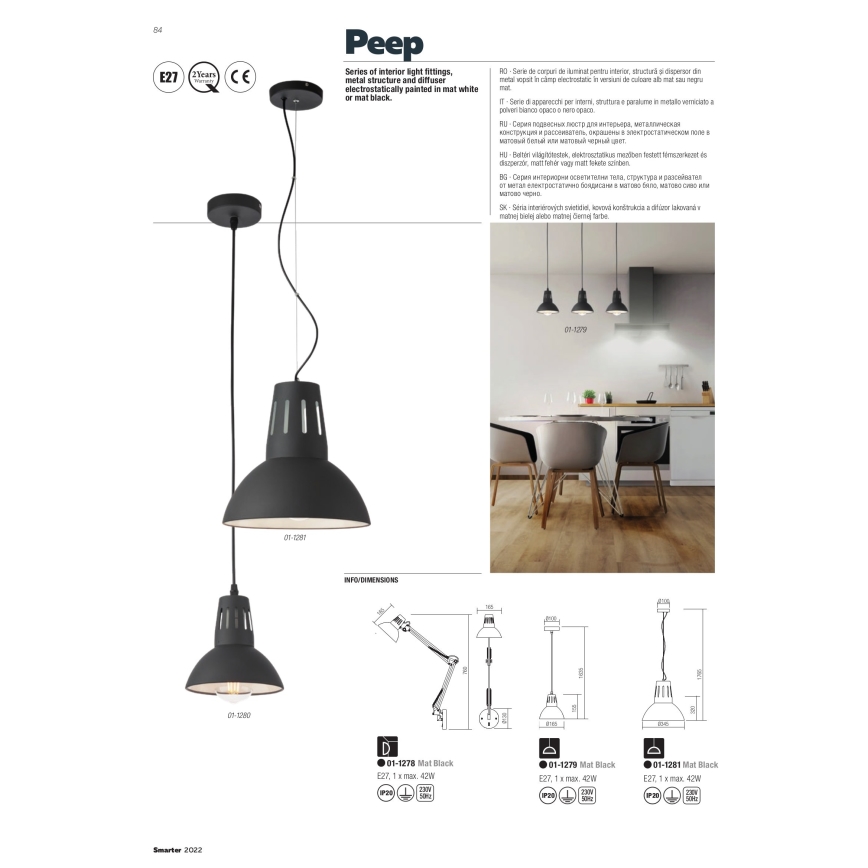 Redo 01-1282 - Lestenec na kablu PEEP 1xE27/42W/230V, premer 34,5 cm, bela