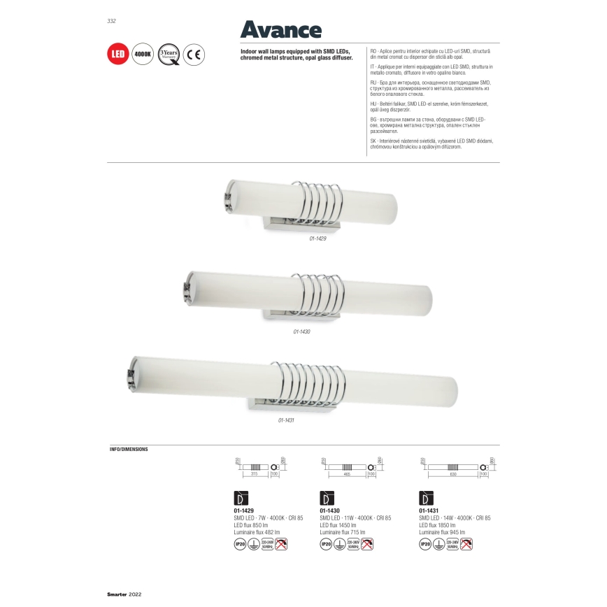 Redo 01-1431 - LED Stenska svetilka AVANCE LED/14W/230V 63 cm bela
