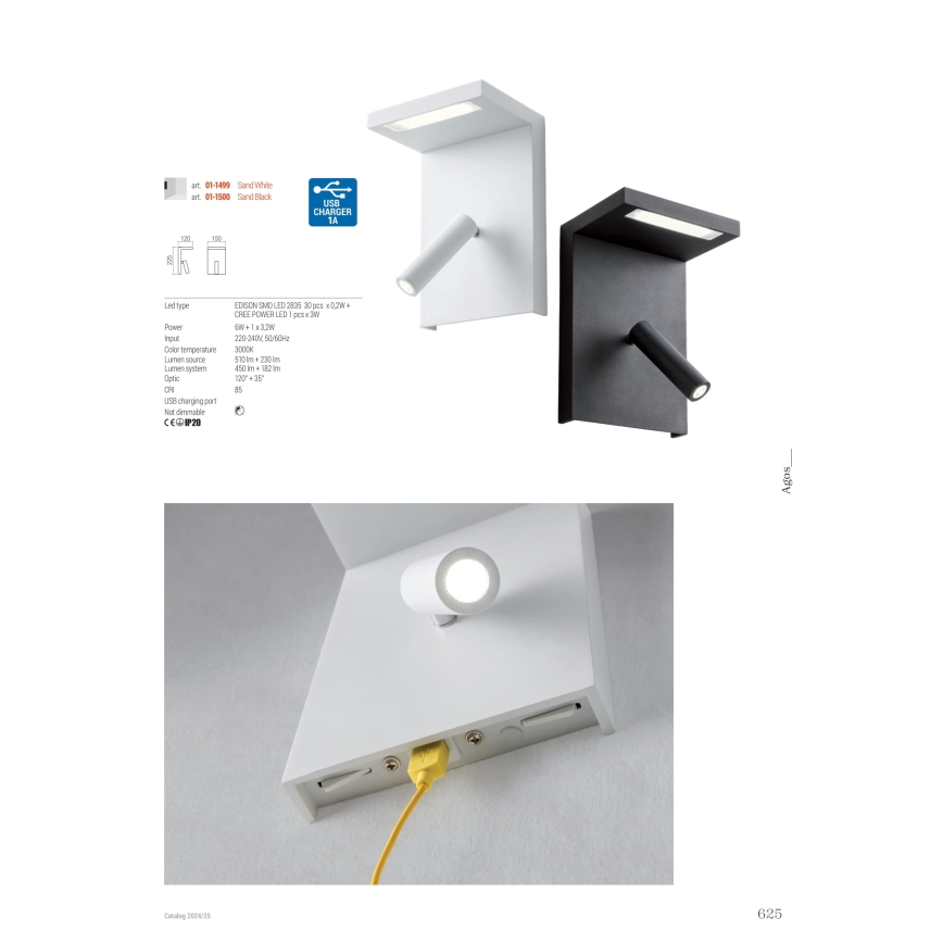Redo 01-1500 - LED Stenski reflektor AGOS LED/6W/230V + LED/3,2W USB črna