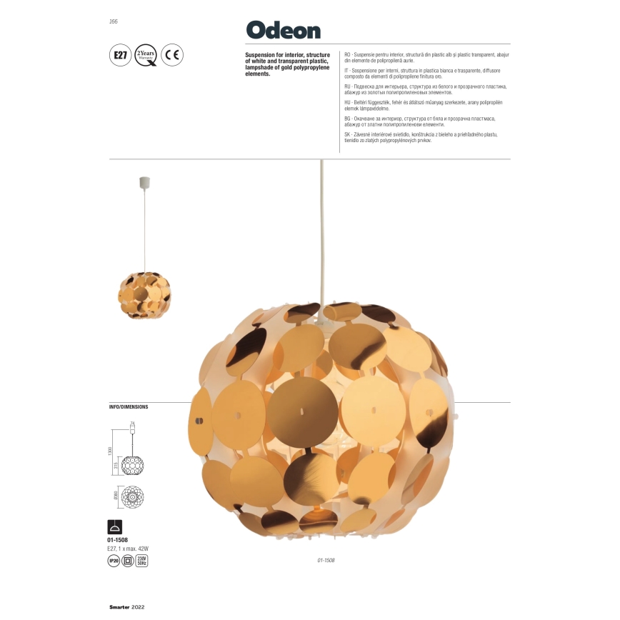 Redo 01-1508 - Lestenec na vrvici ODEON 1xE27/42W/230V pr. 36 cm zlata