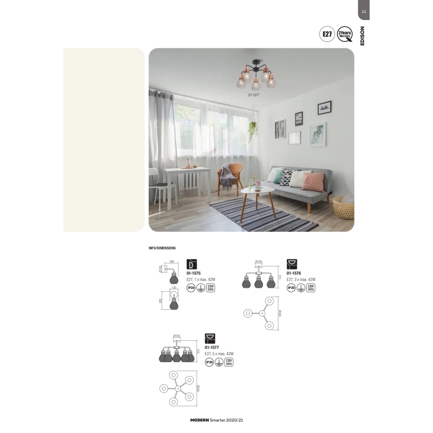 Redo 01-1577 - Lestenec na palici EDISON 5xE27/42W/230V premer 53 cm črna/medena