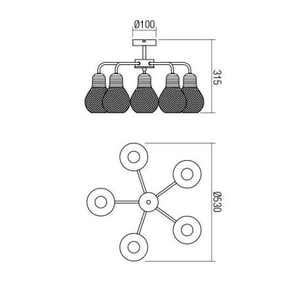Redo 01-1577 - Lestenec na palici EDISON 5xE27/42W/230V premer 53 cm črna/medena