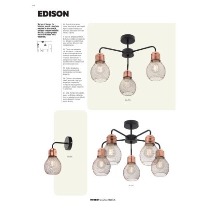 Redo 01-1580 - Viseči lestenec EDISON na vrvici 5xE27/42W/230V premer 53 cm črn/meden