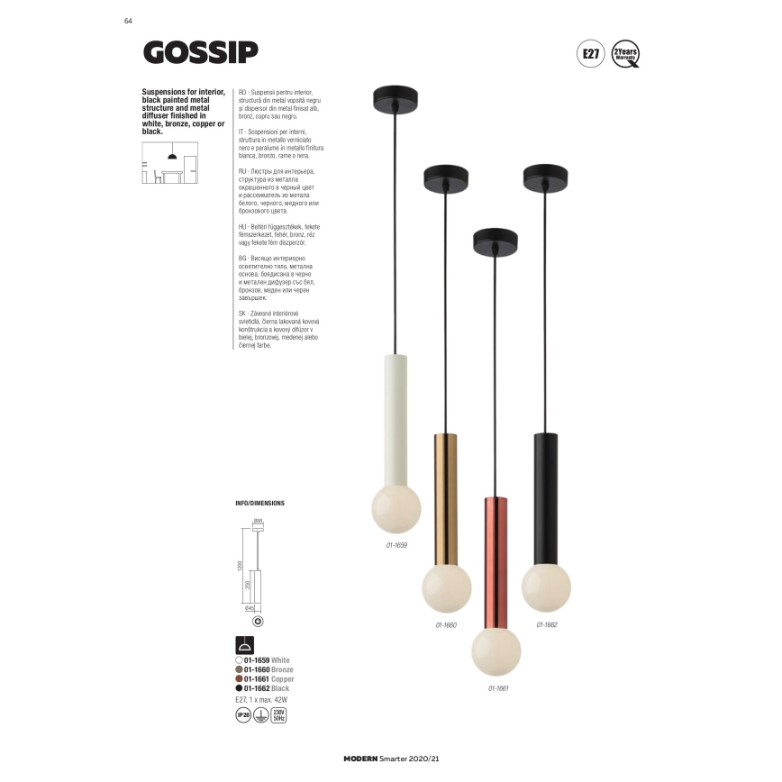 Redo 01-1661 - Lestenec na vrvici GOSSIP 1xE27/42W/230V baker