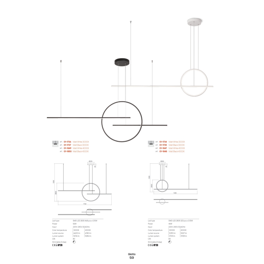 Redo 01-1734 - LED Zatemnitveni lestenec na vrvici GIOTTO LED/46W/230V bela