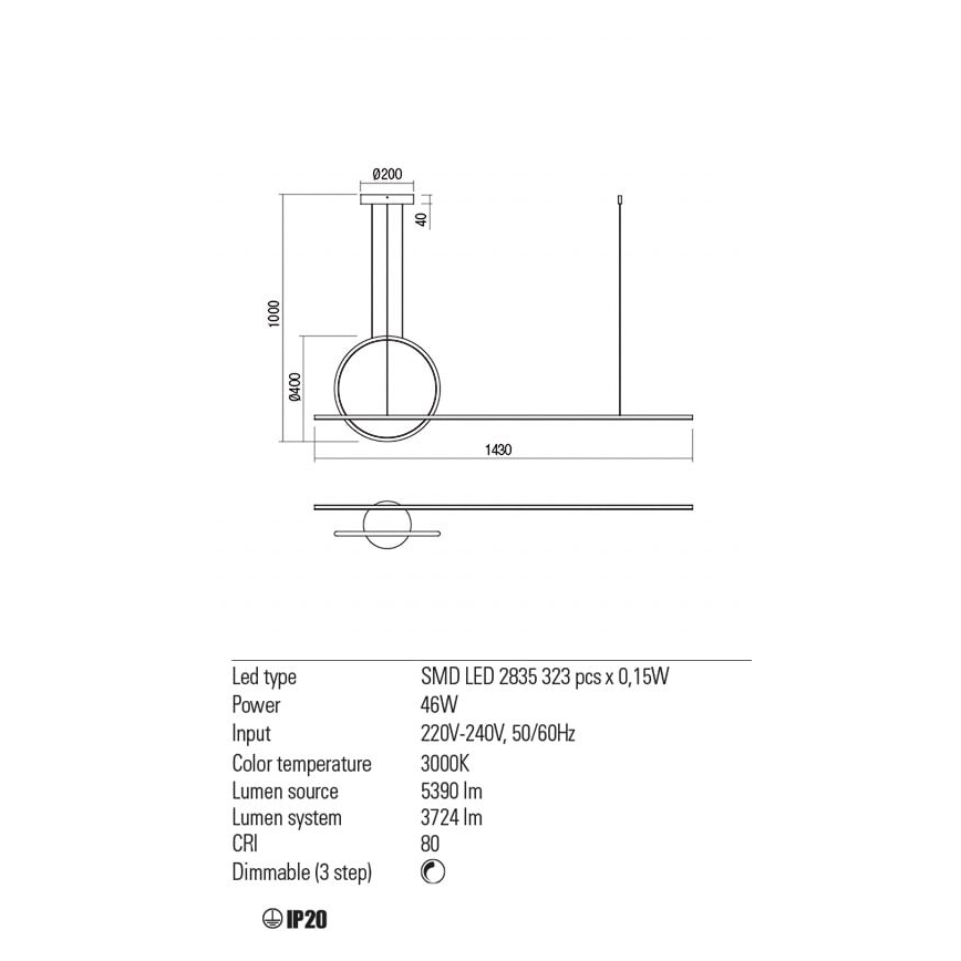 Redo 01-1734 - LED Zatemnitveni lestenec na vrvici GIOTTO LED/46W/230V bela
