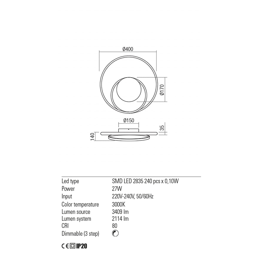 Redo 01-1789 - Zatemnjiva LED stenska svetilka TORSION LED/27W/230V, premera 40 cm, bela