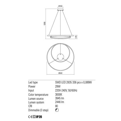 Redo 01-1793 - LED Zatemnitveni lestenec na vrvici TORSION LED/29W/230V pr. 55 cm bela