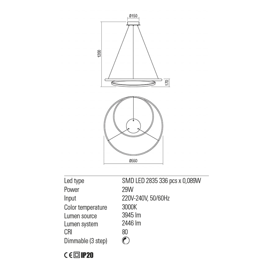 Redo 01-1794 - LED Zatemnitveni lestenec na vrvici TORSION LED/29W/230V pr. 55 cm bron