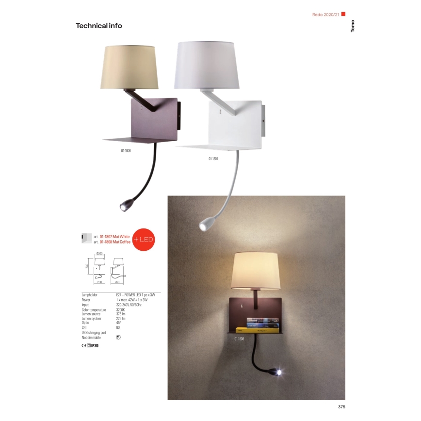 Redo 01-1807 - LED Stenska svetilka s flexible majhno svetilka TOMO 1xE27/42W/230V + LED/3W/230V bela