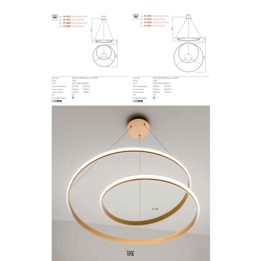 Redo 01-1890 - zatemljiv LED lestenec na kablu TORSION LED/35W/230V 4000K Ø 75 cm bel