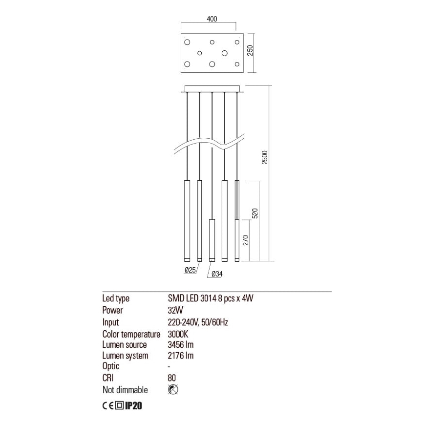 Redo 01-2047 - LED Lestenec na vrvici MADISON 8xLED/4W/230V baker