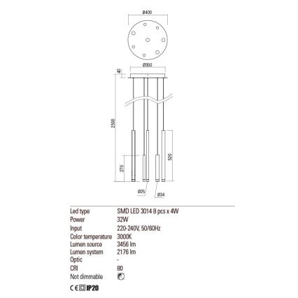 Redo 01-2052 - LED Lestenec na vrvici MADISON 8xLED/4W/230V črna