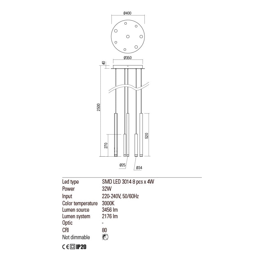 Redo 01-2053 - LED Lestenec na vrvici MADISON 8xLED/4W/230V sijajni krom/črna/baker