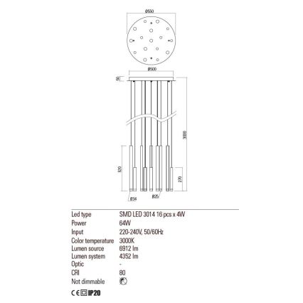 Redo 01-2058 - LED Lestenec na vrvici MADISON 16xLED/4W/230V zlata