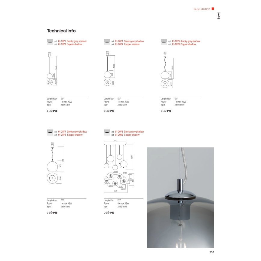 Redo 01-2076 - Lestenec na vrvici BOWL 1xE27/42W/230V pr. 30 cm baker