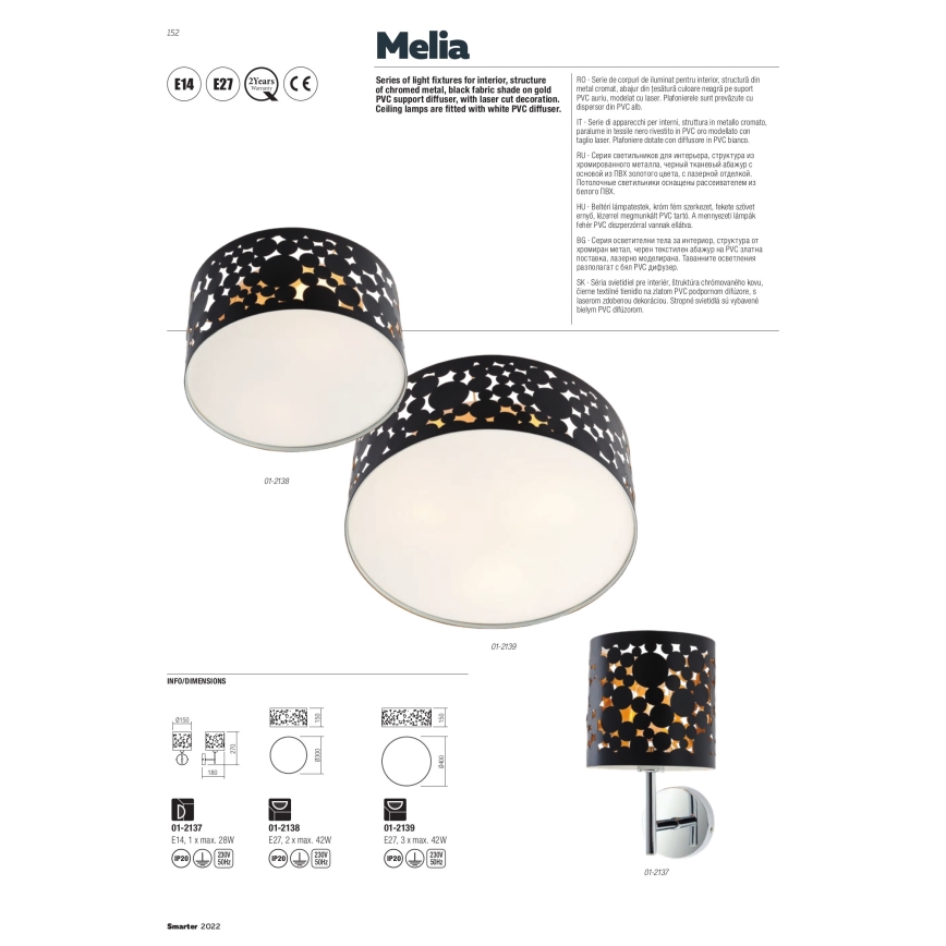 Redo 01-2138 - Stropna svetilka MELIA 2xE27/42W/230V pr. 30 cm