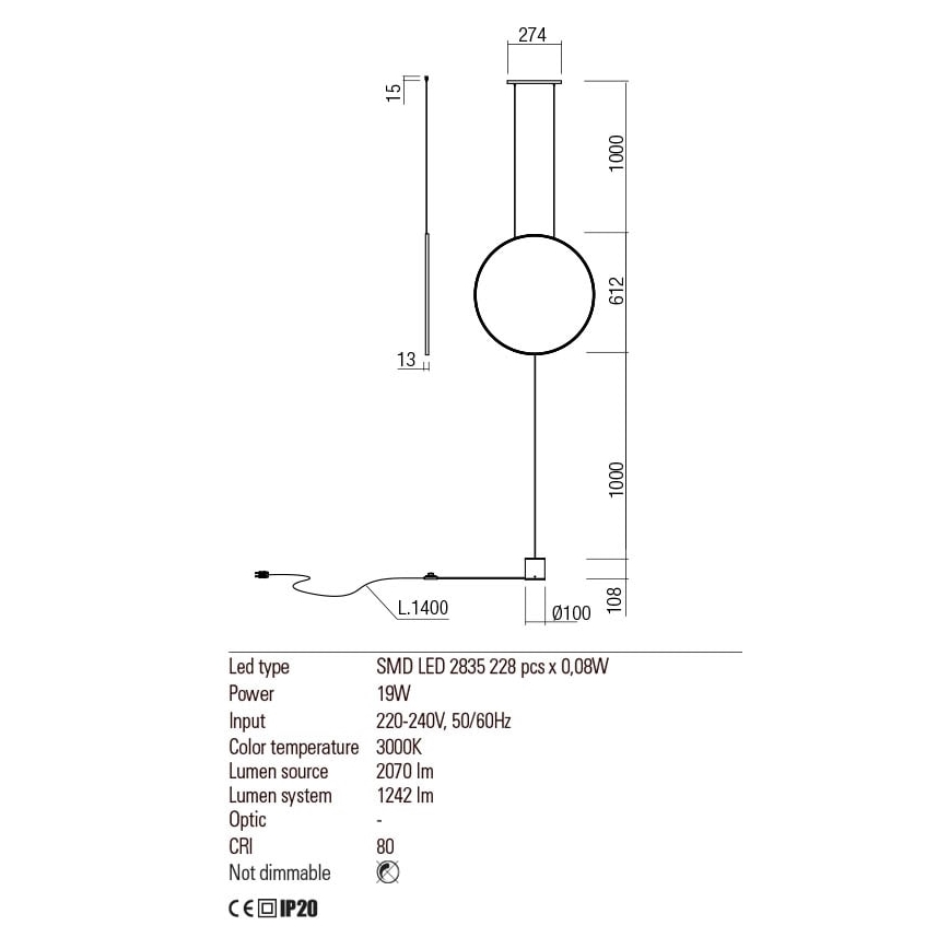 Redo 01-2197 - LED Talna svetilka SLICK LED/19W/230V črna