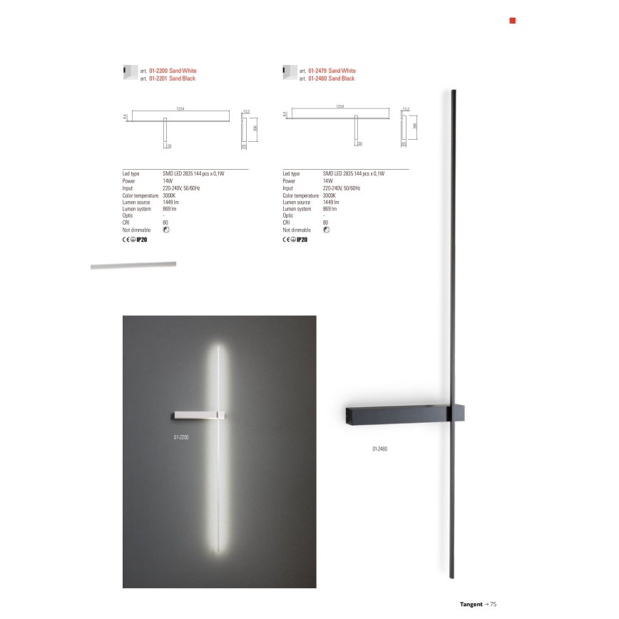 Redo 01-2201 - LED stensko svetilo TANGENT LED/14W/230V črno