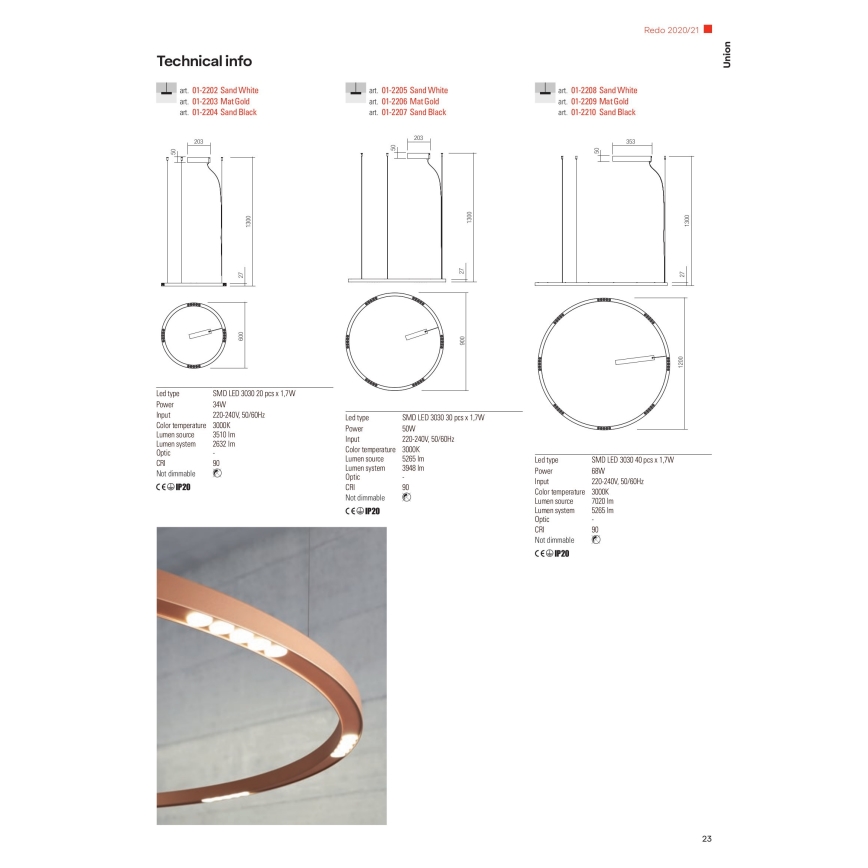 Redo 01-2202 - LED Lestenec na vrvici UNION LED/34W/230V CRI 90 3000K pr. 60 cm bela