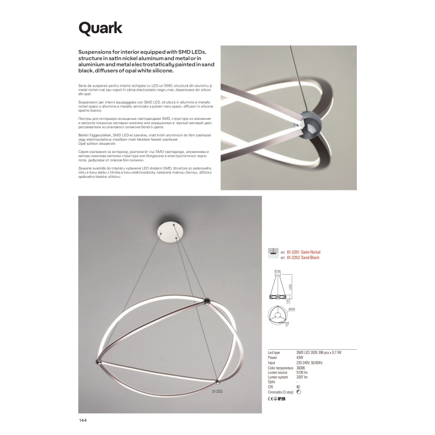 Redo 01-2251 - LED Zatemnitveni lestenec na vrvici QUARK LED/43W/230V 3000K pr. 60 cm mat krom