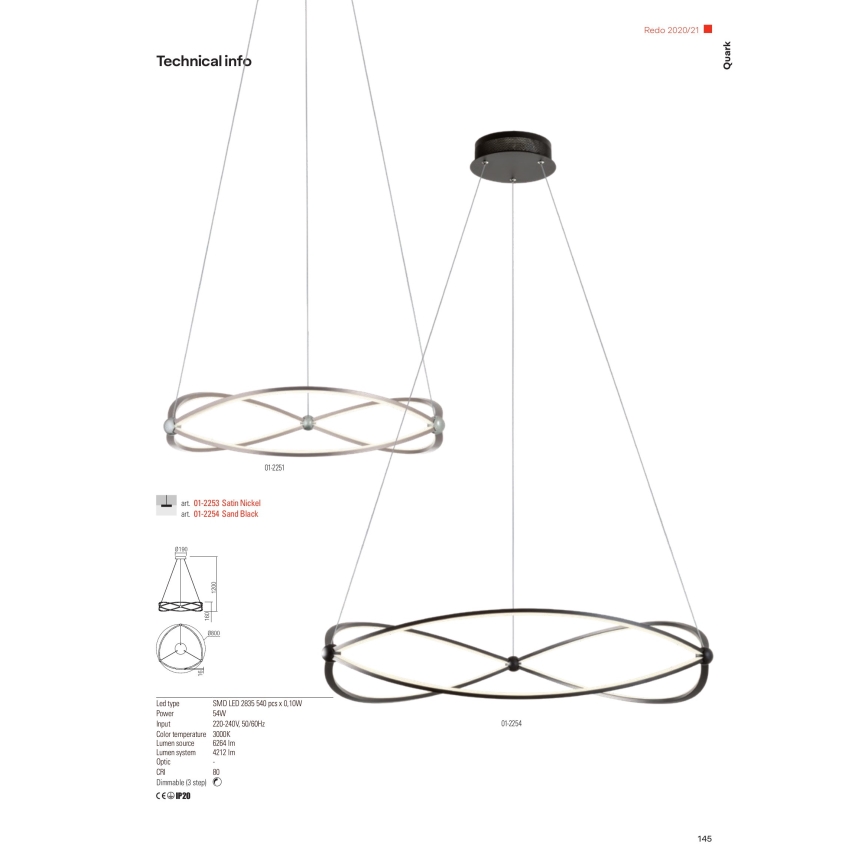 Redo 01-2251 - LED Zatemnitveni lestenec na vrvici QUARK LED/43W/230V 3000K pr. 60 cm mat krom