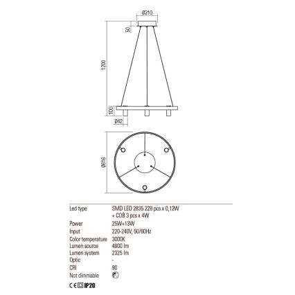 Redo 01-2490 - LED Lestenec na vrvici SUMMIT LED/38W/230V CRI 90 pr. 61,6 cm zlata