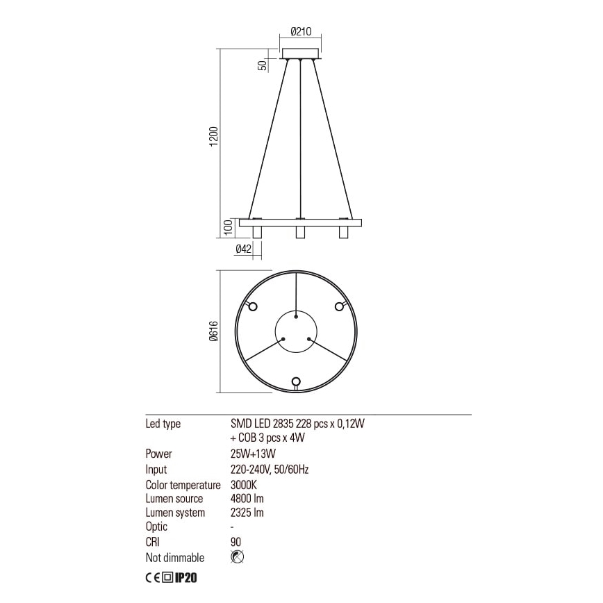 Redo 01-2490 - LED Lestenec na vrvici SUMMIT LED/38W/230V CRI 90 pr. 61,6 cm zlata