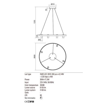 Redo 01-2492 - LED Lestenec na vrvici SUMMIT LED/53,5W/230V CRI 90 pr. 80,8 cm zlata