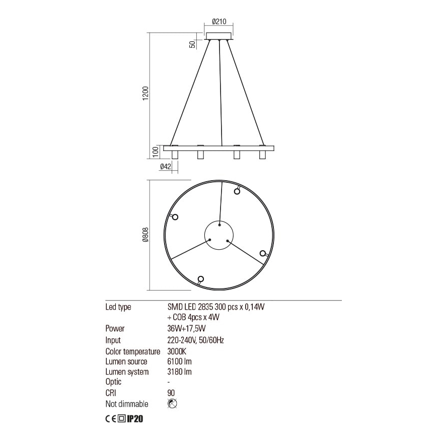 Redo 01-2492 - LED Lestenec na vrvici SUMMIT LED/53,5W/230V CRI 90 pr. 80,8 cm zlata