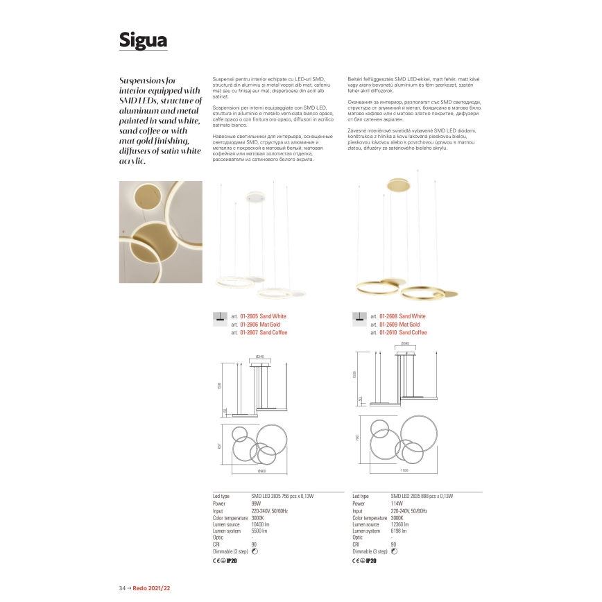 Redo 01-2605 - zatemljiv viseči LED lestenec na kablu SIGUA LED/99W/230V CRI 90, bel
