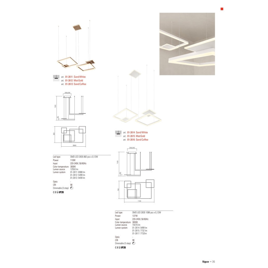 Redo 01-2611 - SIGUA viseči LED lestenec na kablu s funkcijo zatemnitve, 110 W, 230 V, CRI 90, bela