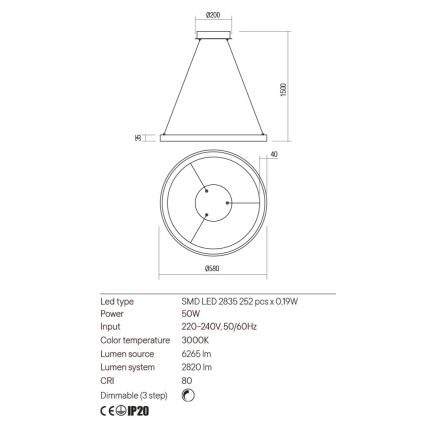 Redo 01-2673 - LED Zatemnitveni lestenec na vrvici ICONIC LED/50W/230V pr. 58 cm zlata