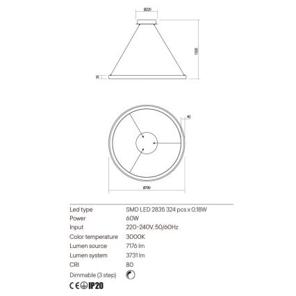 Redo 01-2676 - LED Zatemnitveni lestenec na vrvici ICONIC LED/60W/230V pr. 78 cm zlata