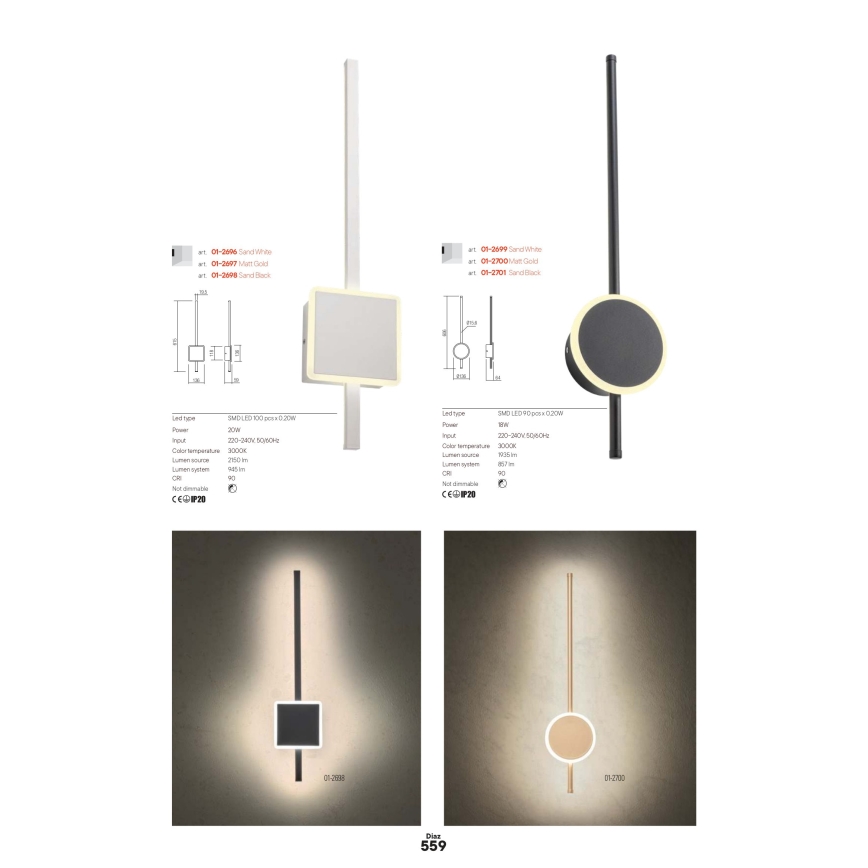Redo 01-2696 - LED stensko svetilo DIAZ LED/20W/230V CRI 90 bela