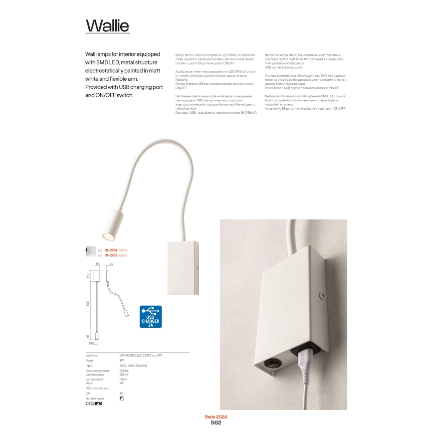 Redo 01-2755 - LED Fleksibilna mala svetilka WALLIE LED/3W/230V USB CRI 90 črna