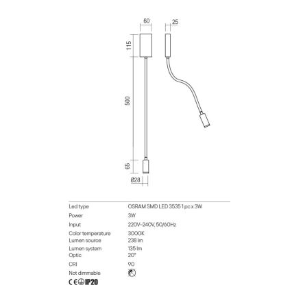 Redo 01-2755 - LED Fleksibilna mala svetilka WALLIE LED/3W/230V USB CRI 90 črna